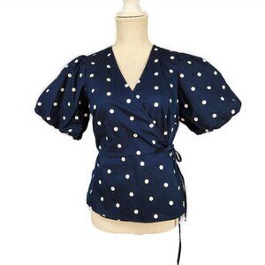 Old Navy Crossover Wrap Top Size M Navy Blue Polka Dot Puff Sleeves Shirt  NWT